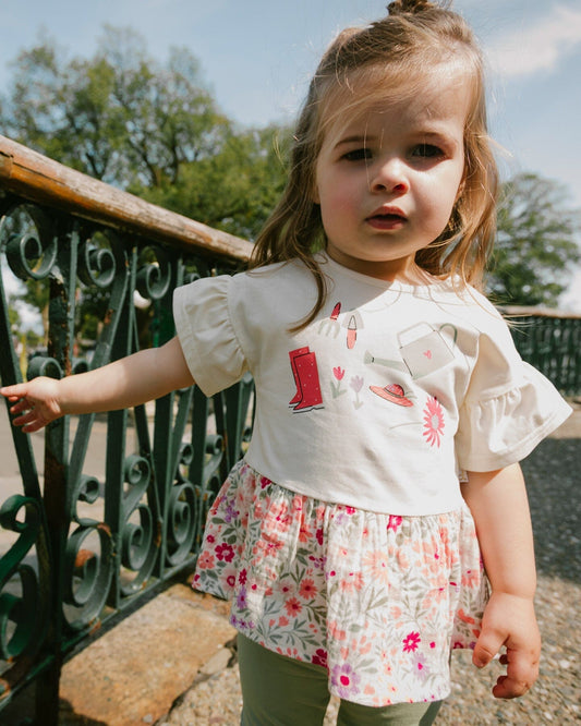 Organic Cotton Bi-Material Tunic Beige Flowers Print