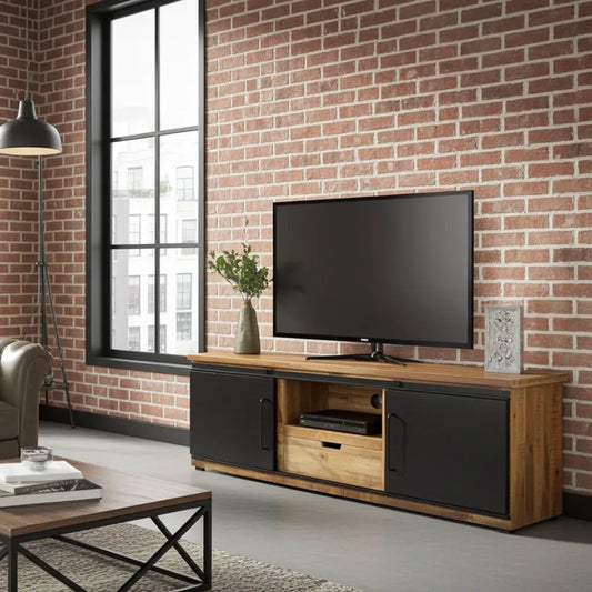 Meuble télé en bois de manguier avec 2 portes coulissantes en acier