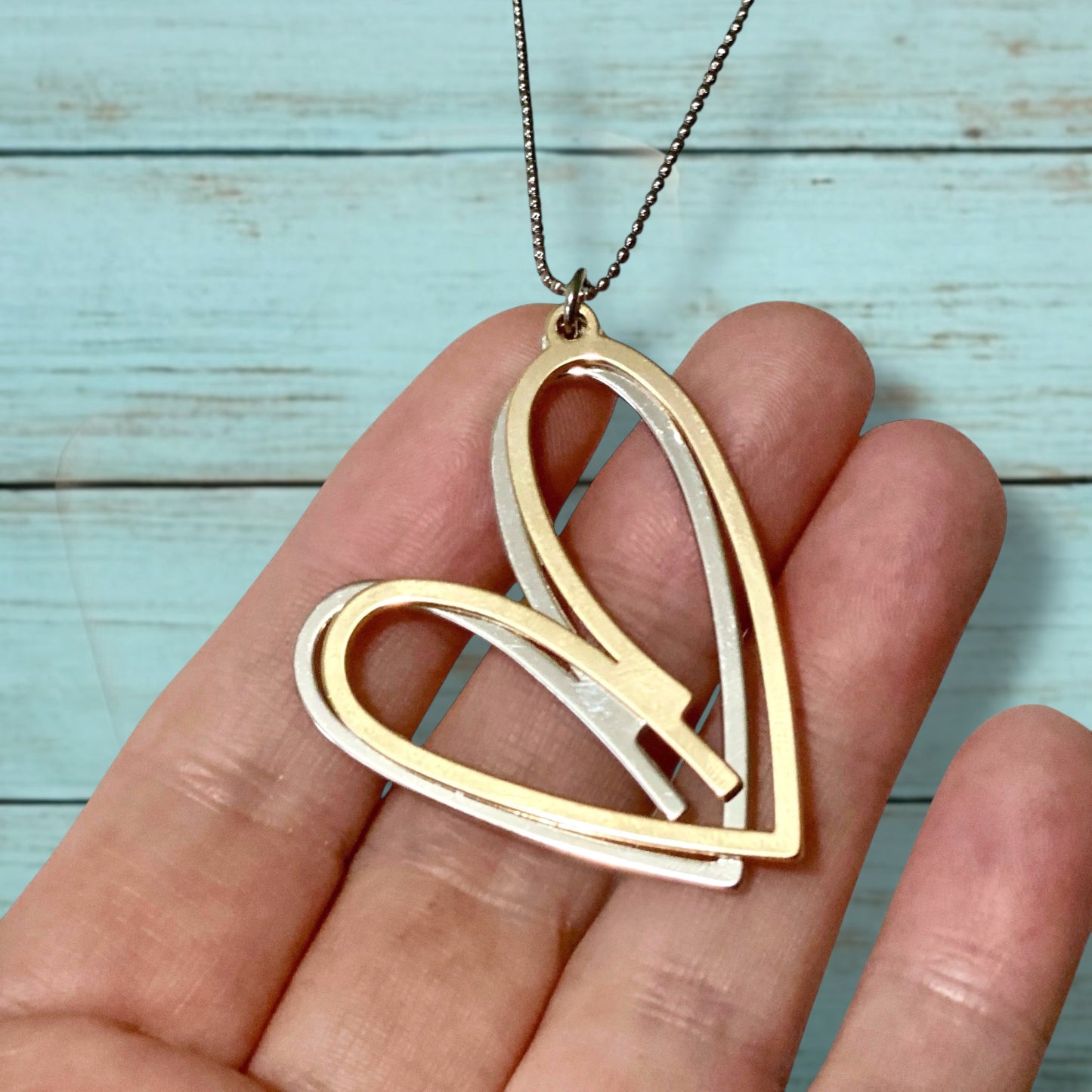 Double Heart Necklace – Long, Mixed Metals, Rose Gold & Silver Pendant