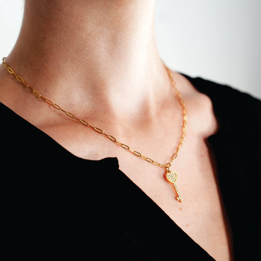JAZRINA Gold: Pavé Key & Heart Pendant on a Paper Clip Chain Necklace