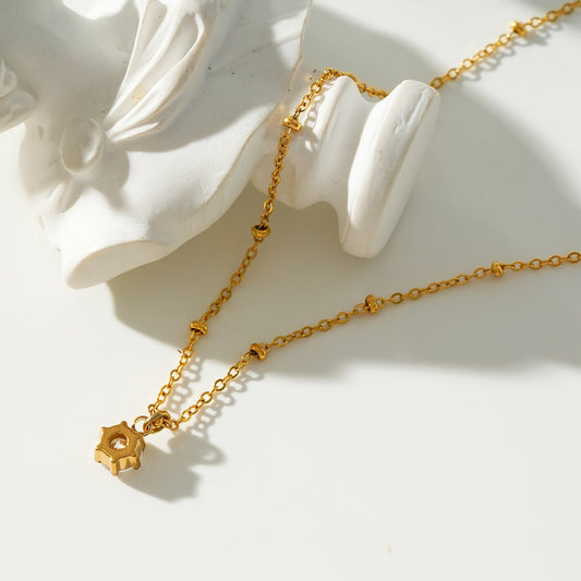 KADIRI Gold: Solitaire Zirconia Charm Pendant on a Beaded Chain Necklace
