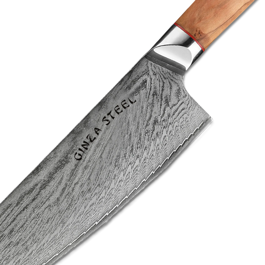 Ginza Steel MIA 24 Chef Knife 9” – Damascus AUS10, 67-Layer, Olive Wood Handle