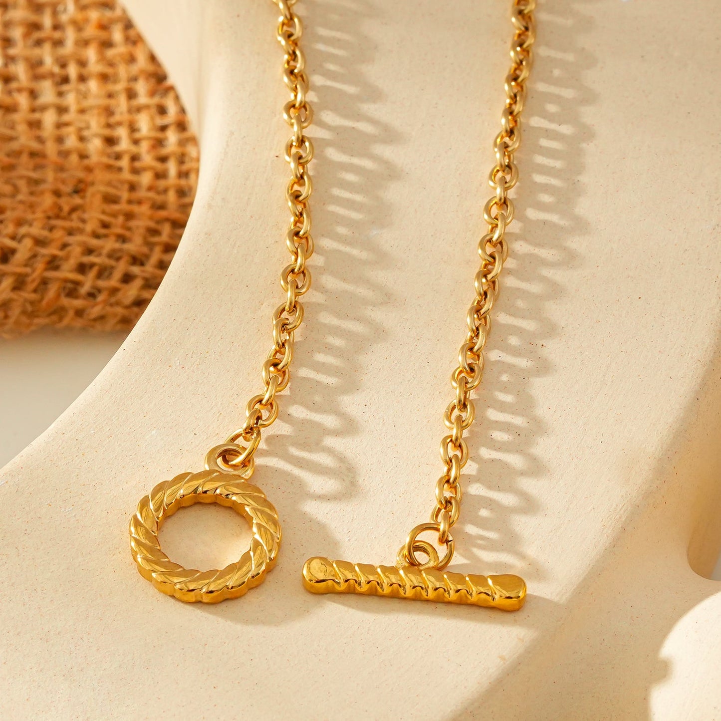 KETCHIGAN: Classic Chain with Textured T-Bar & Ring Pendant Gold Necklace