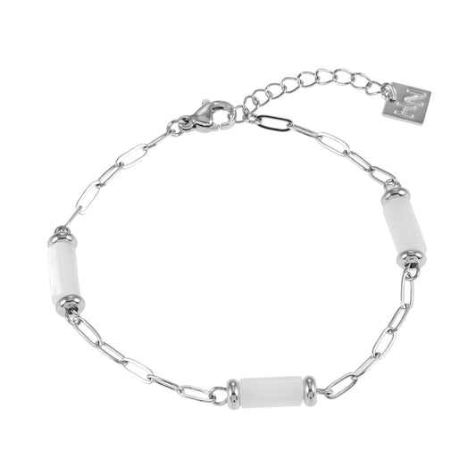 LAGUNA Silver (White Gold): Mini Paperclip Chain Bracelet with Natural Cylinder Cut Shell Beads