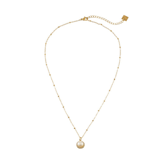 LATAHIA Gold: Beaded Chain necklace with Freshwater Pearl & Pavé Zirconia Border Pendant