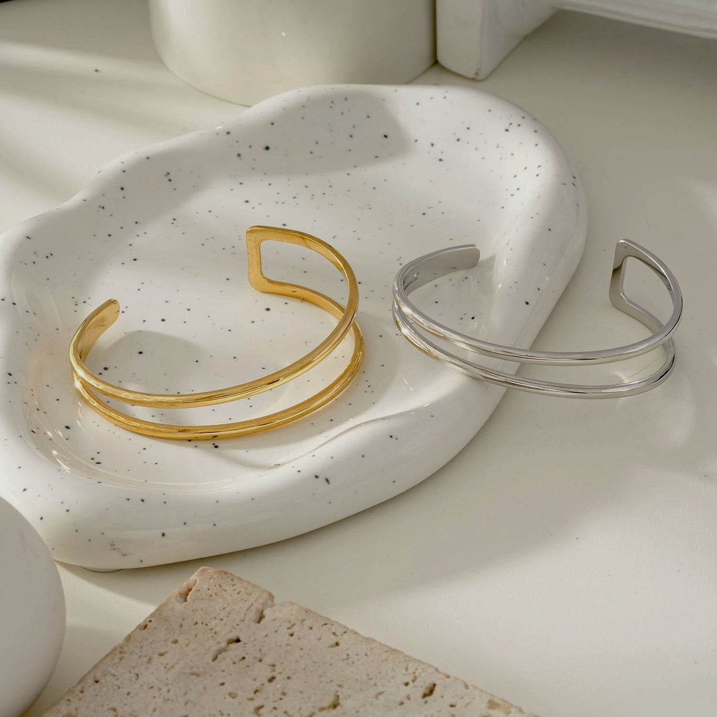 LILIANNA: Minimalist-Chic Double Band Bracelet in Silver Toned White Gold