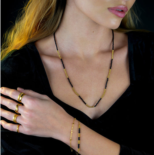 LINA Black Crystal and Gold Beads Chain Necklace