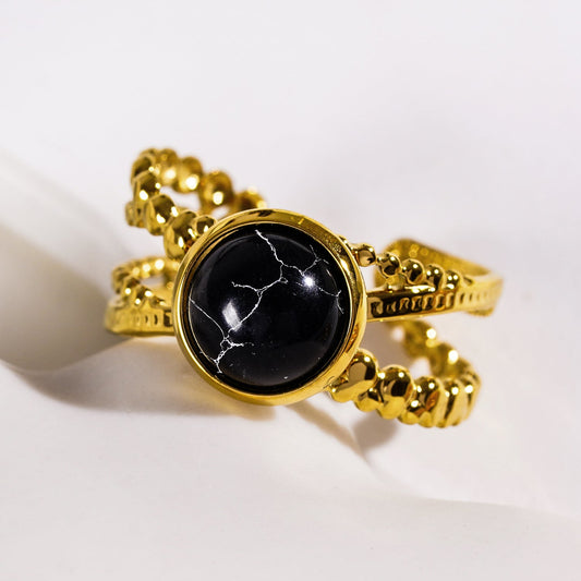 MALAYA: Cross Over Stacked Ring with a Black Turquoise Stone Centrepiece