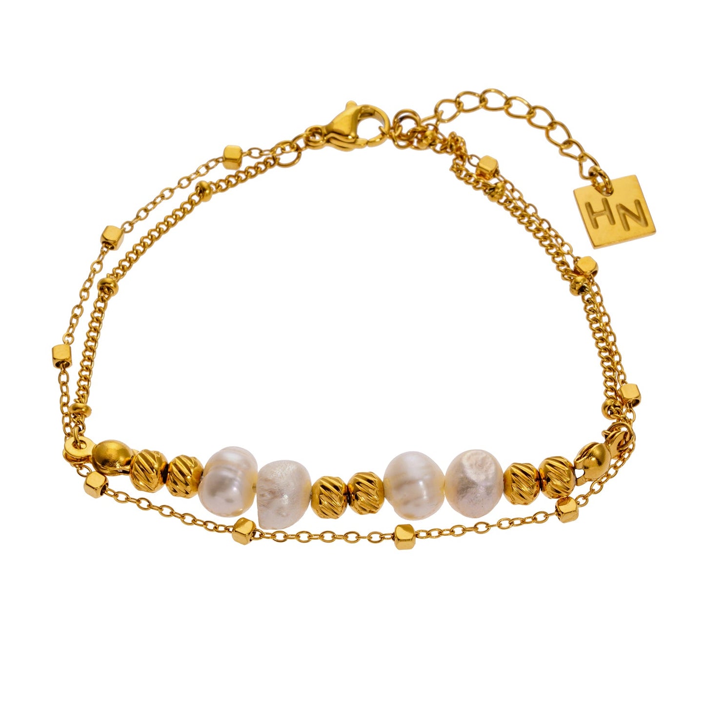 MARENTA: Gilded Harmony Chain Bracelet with Gold Beads and Freshwater Pearls