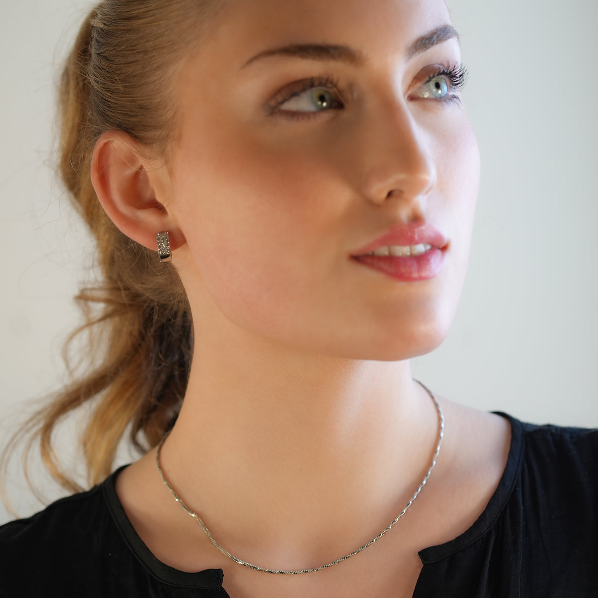 MARIETTA White Gold (Silver Toned): Mini Hoops with Pavé Zirconia Panel