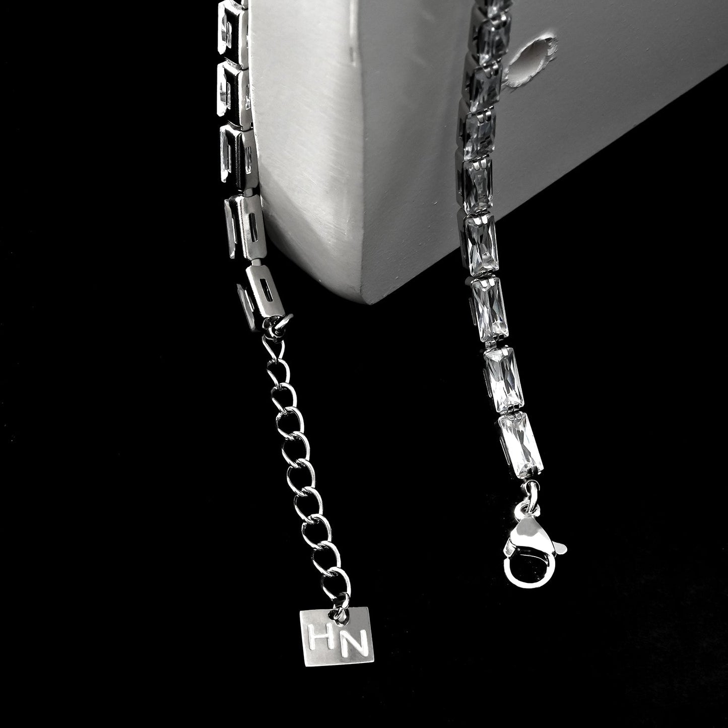 MELLISH: Retro Style Rectangle Zirconia (CZ) Tennis Bracelet in Silver Toned White Gold