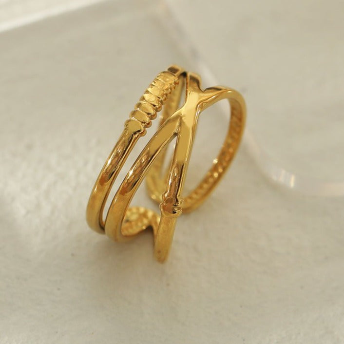MIRANDA: Cross Over Triple Band Stacked Gold Ring