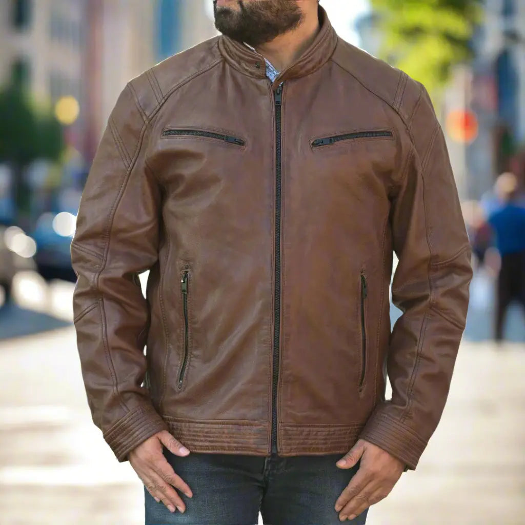 Men's Snap Collar Leather Jacket