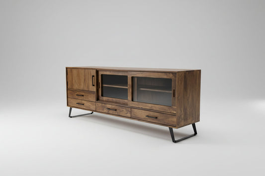 Meuble Télé Arezzo en bois de manguier portes coulissantes vitrées