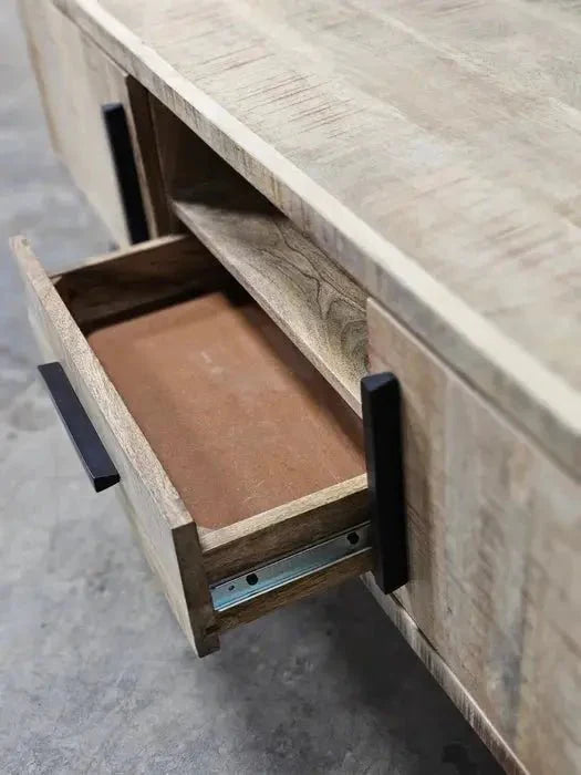 Meuble télé en bois de manguier brut sur patte en acier noir