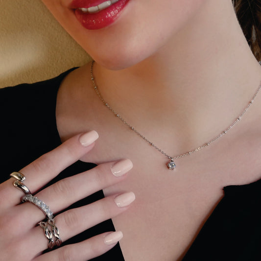 KADIRI Silver: Solitaire Zirconia Charm Pendant on a Beaded Chain Necklace