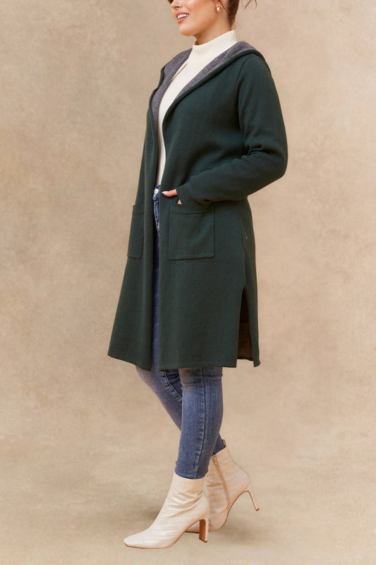 Nora Hooded Open Front Long Cardigan Lightweight Two Tone Casual Trendy