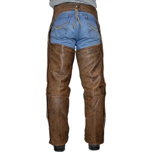 Open Road Men's Vintage Brown 4 Pocket Premium Leather Chaps