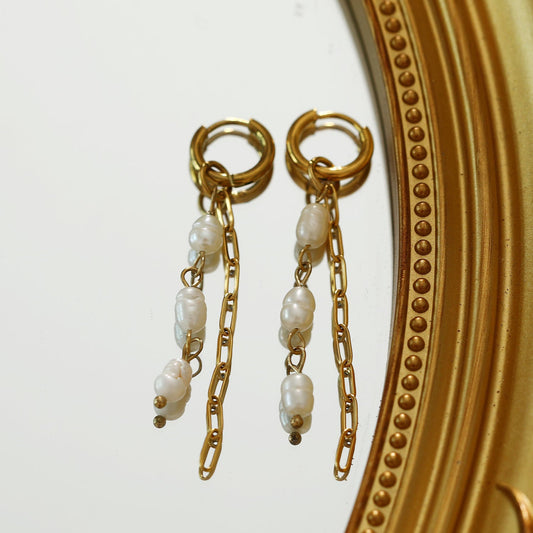 AILIA Duo of Linked Chains with Fresh Water Pearls Drop Earrings