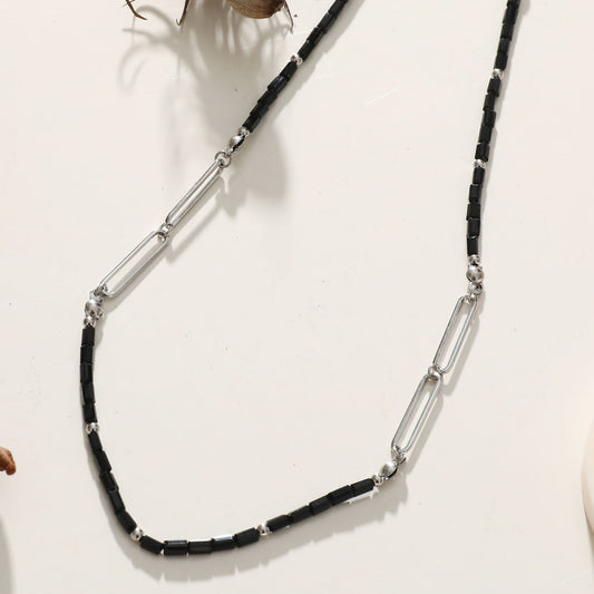 LORENA Black & Silver Beaded Paperclip Chain Necklace