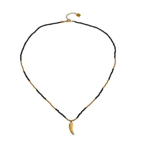 RITA Black & Gold Beaded Chain Necklace with Etched Gold Tooth Pendant