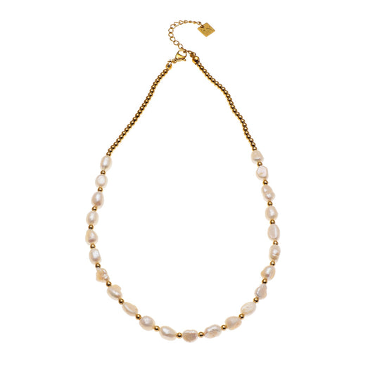 ELISA: Fresh Water Pearls & Gold Beaded Chain Necklace