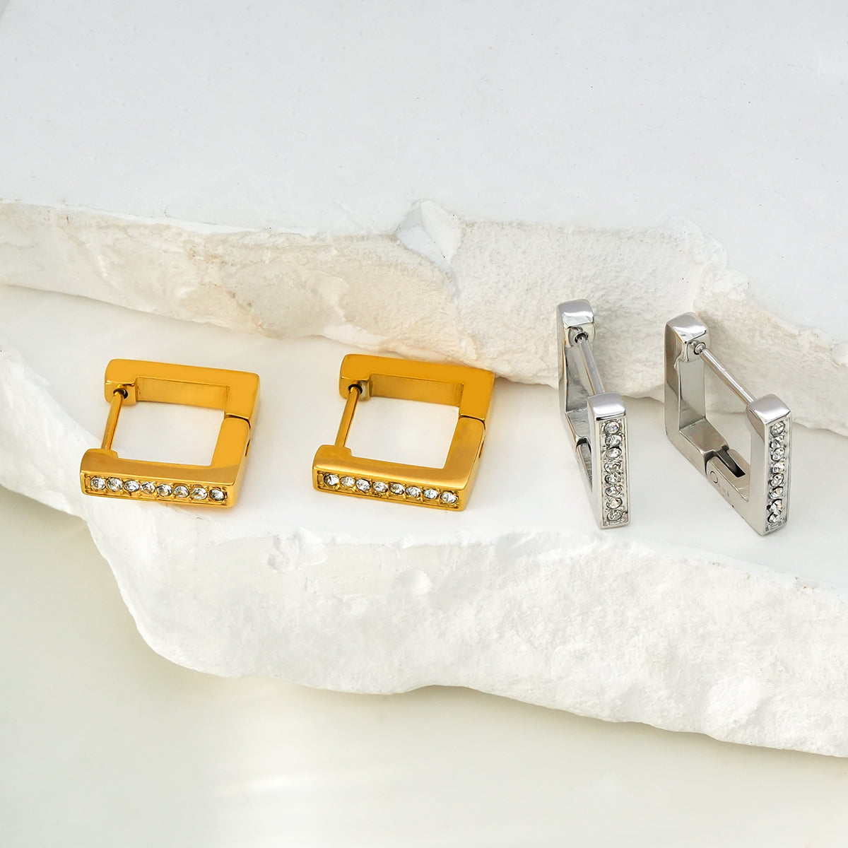 PAIA Gold: Tiny Squared Shape Hoop Earrings Embedded with Zirconia Gemstones