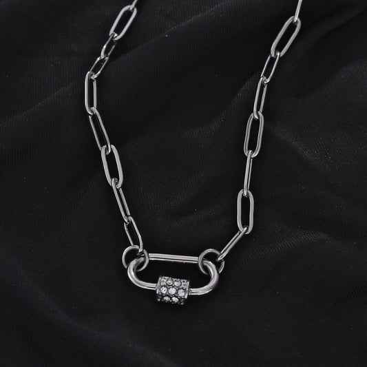 PEIGI Silver: Paper Clip Chain with Zirconia Accented Carabiner Charm