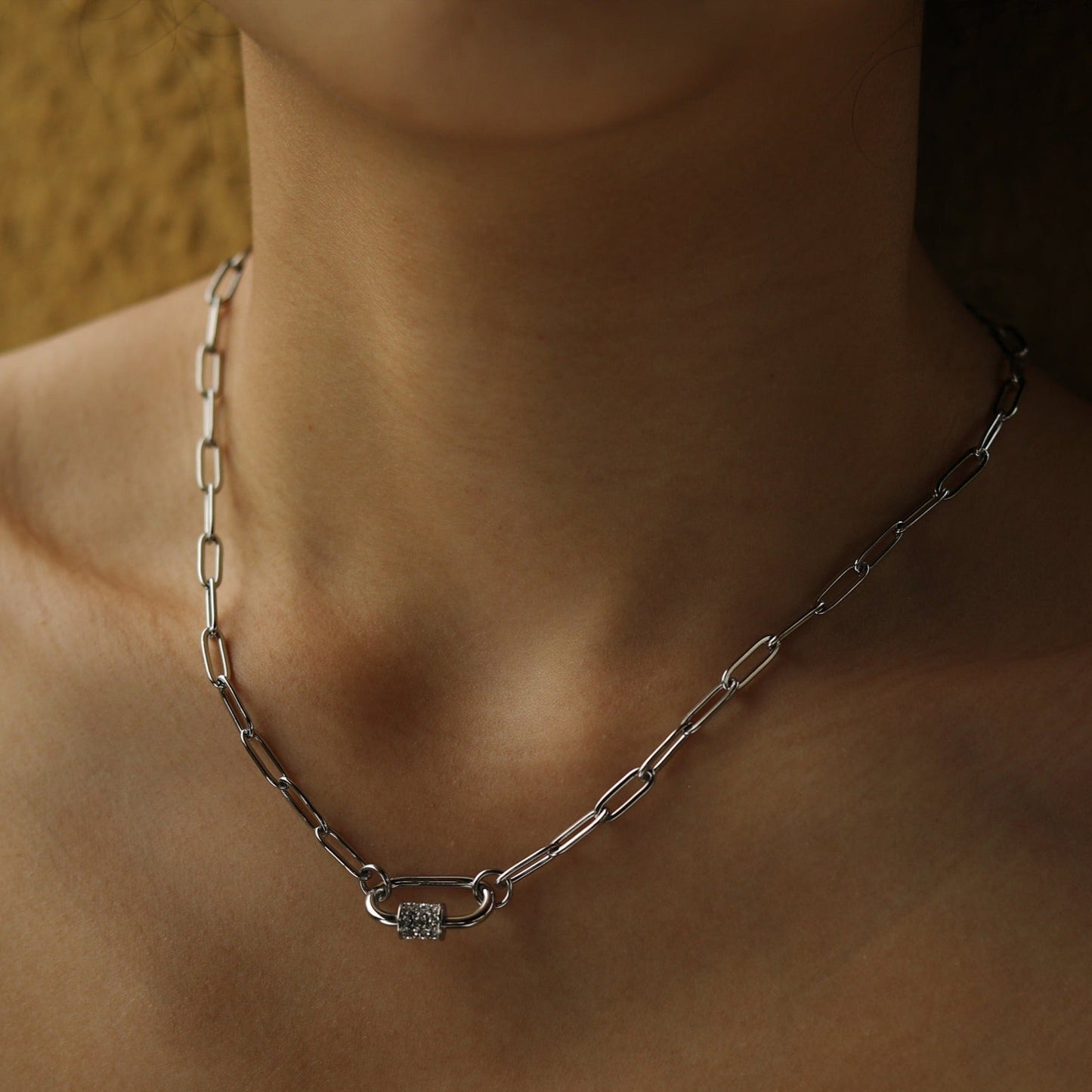 PEIGI Silver: Paper Clip Chain with Zirconia Accented Carabiner Charm