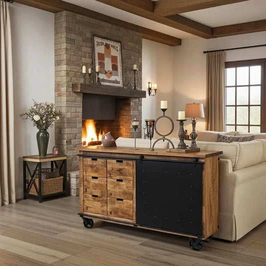 Buffet industriel en bois de manguier et acier noir sur roue avec 6 tiroirs et porte en acier coulissante