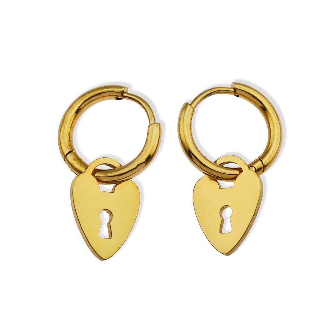 Mini Hoop Earrings Anchoring a Heart Shaped Keylock Charm - Style PYAR in Gold