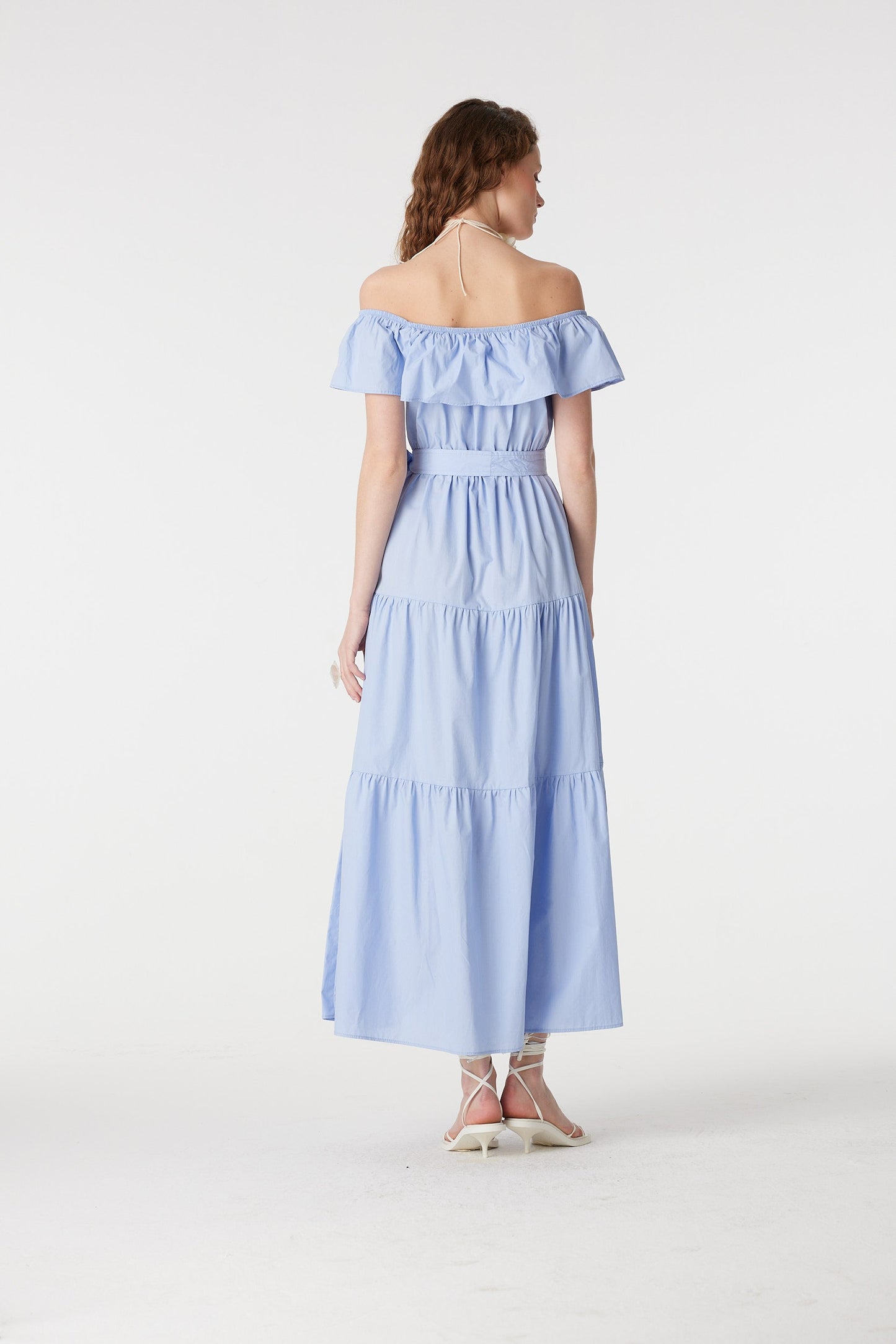 Baby Blue Cotton Off-Shoulder Tiered Maxi Dress