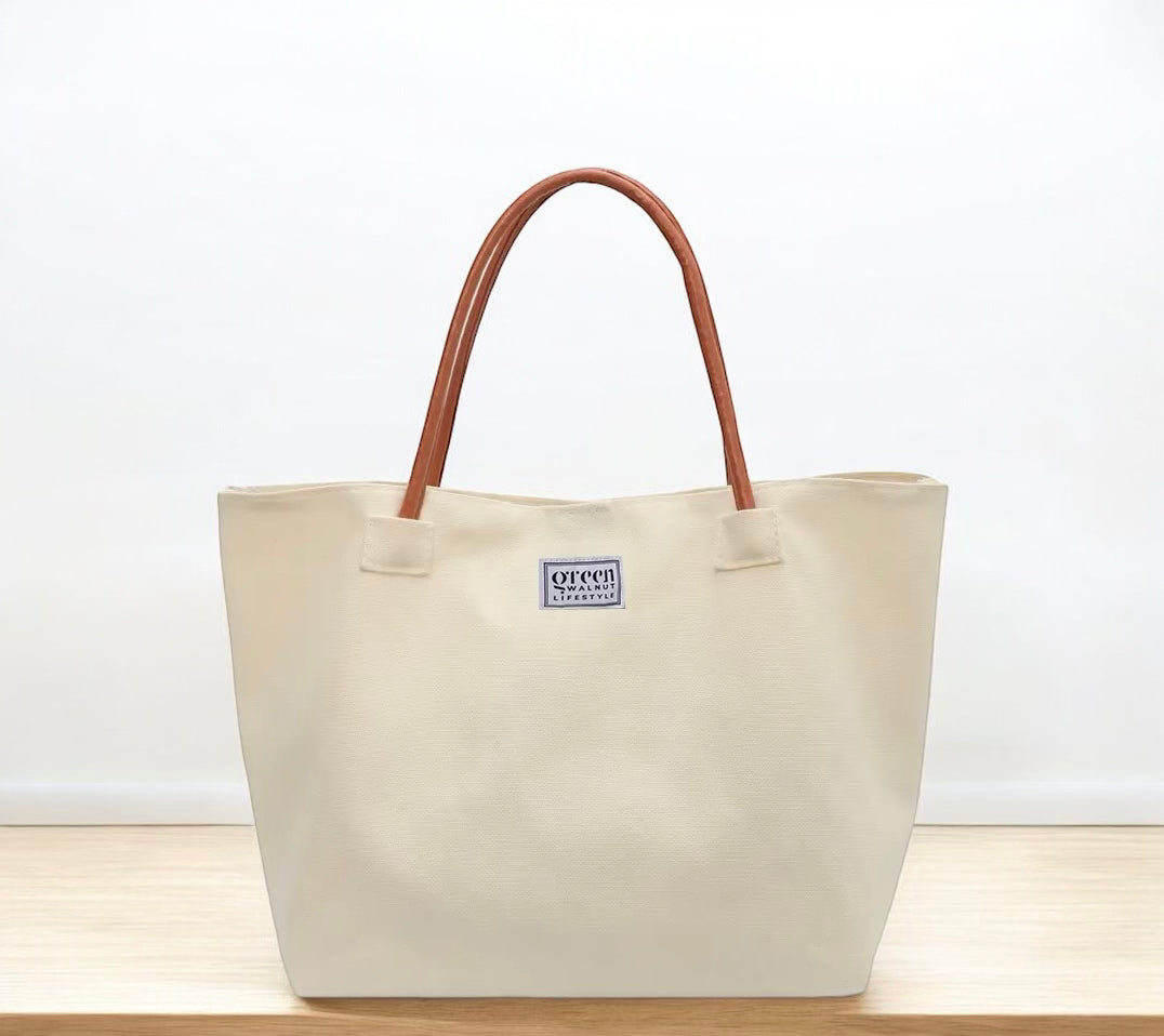 Cotton Canvas Tote Bag With PU Leather Handles