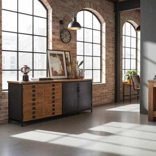 Buffet industriel en bois de manguier 4 portes bois et acier