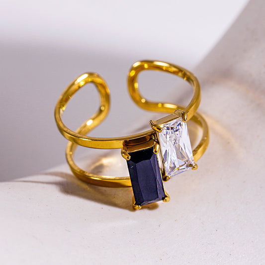 RIADEL: Dual-Radiance Black & Clear Zirconia Banded Ring