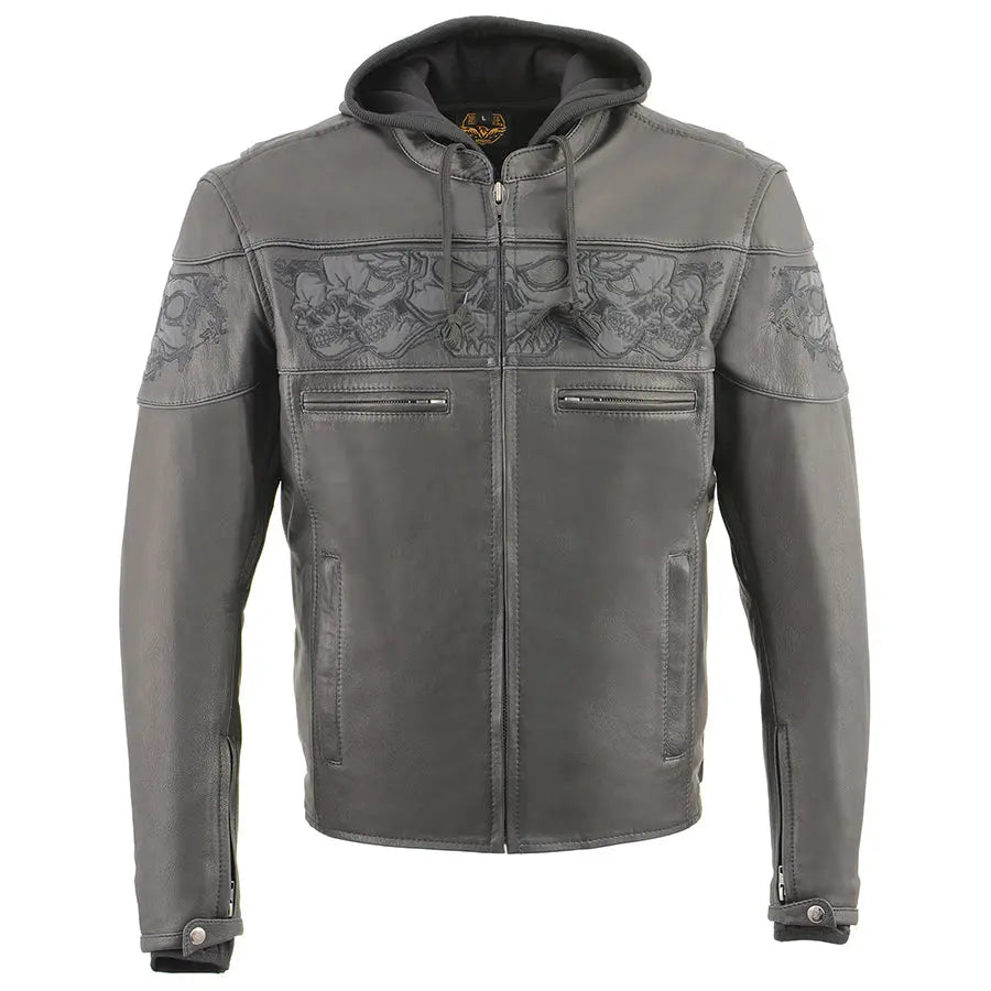 Milwaukee Leather Men's Crossover Scooter Jacket w/ Reflective Skulls & Full Sleeve Removable Hoodie