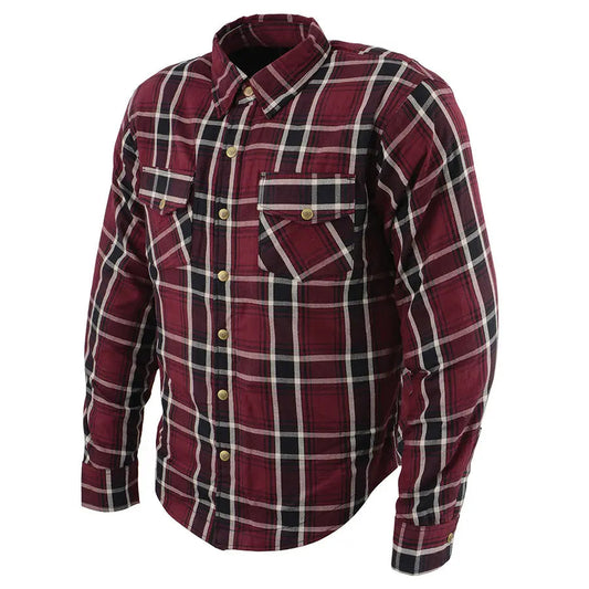 Milwaukee Leather Men's Maroon Checkered Armored Flannel Biker Shirt w/ Reinforced Fibers