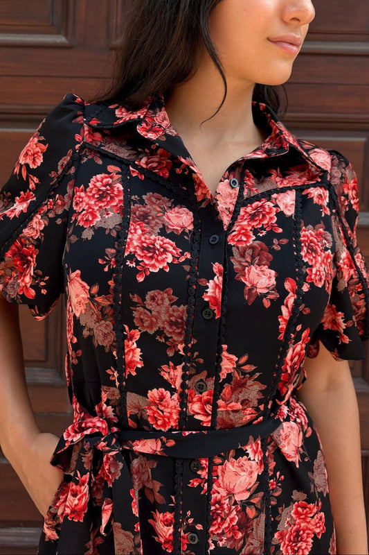 Ruby Black Floral Print Shirt Dress Belted Short Sleeves Button Front