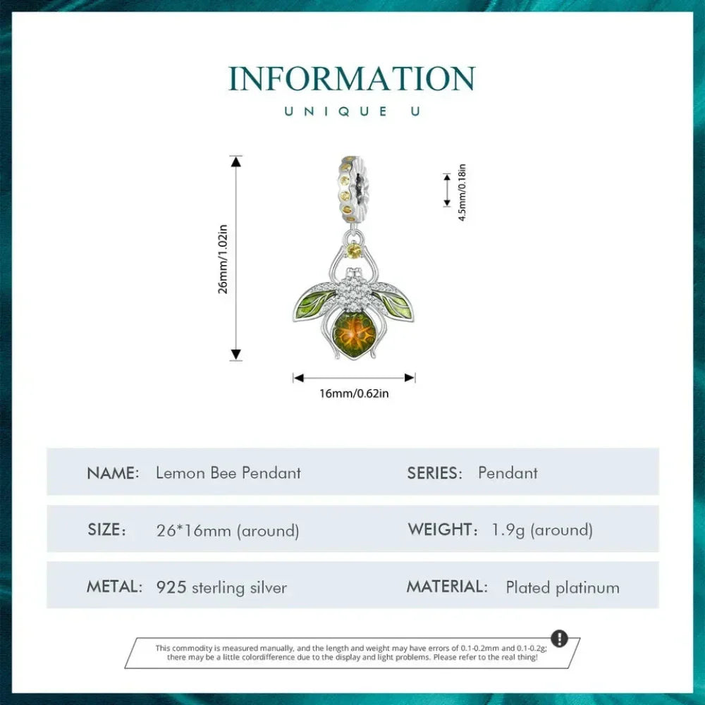 Buzzing With Charm: 925 Silver Lemon Bee Pendant For Bracelets & Bangles