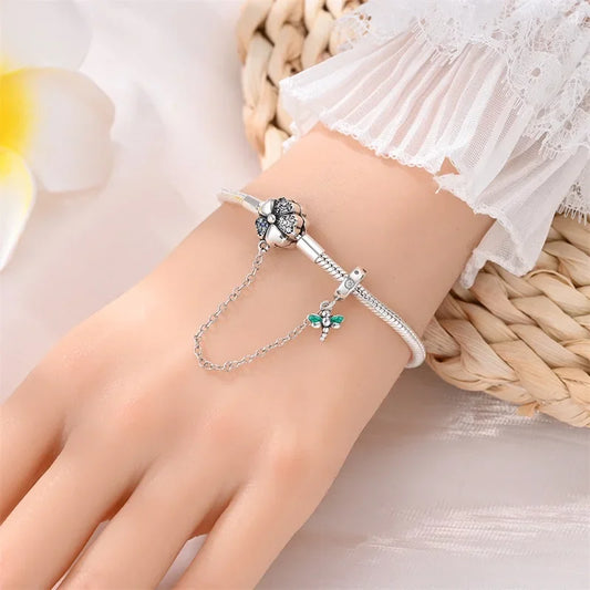 Sterling Silver Clover & Dragonfly Charm Bracelet with Safety Chain