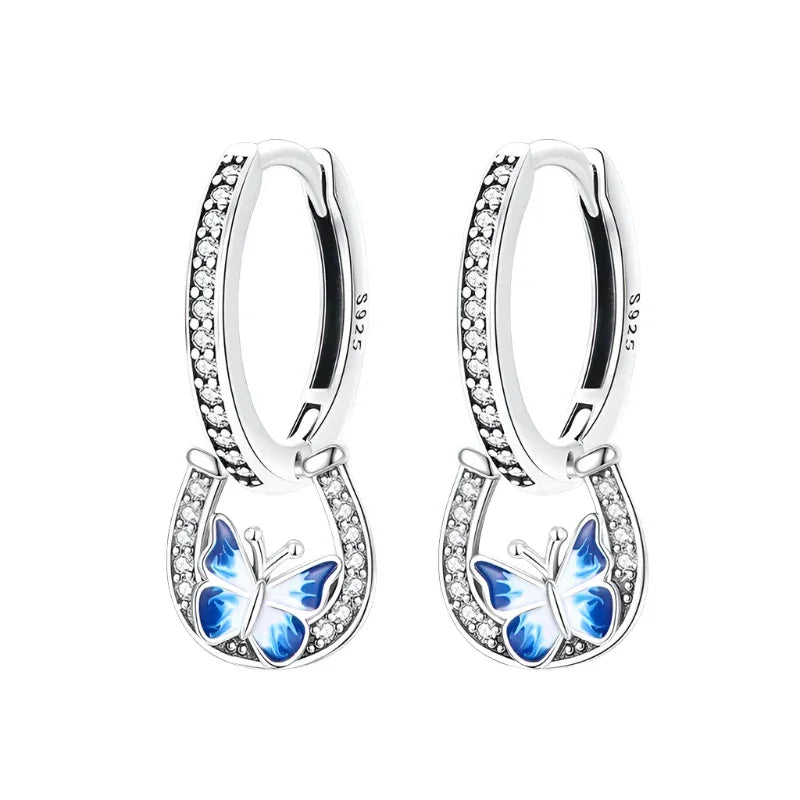 Lucky Charm Blue Butterfly Sterling Silver Hoop Earrings