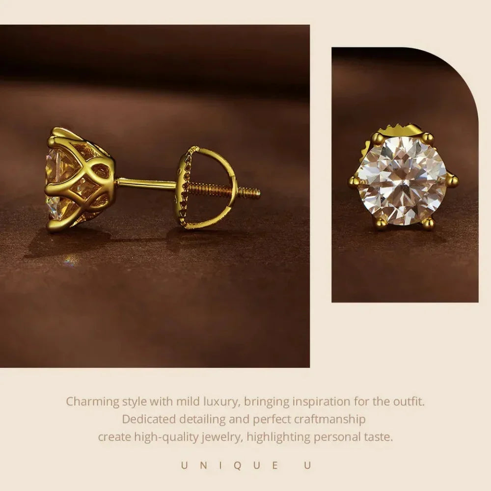 Radiant Moissanite Stud Earrings | D Color Round Cut 925 Silver, Gold Plated