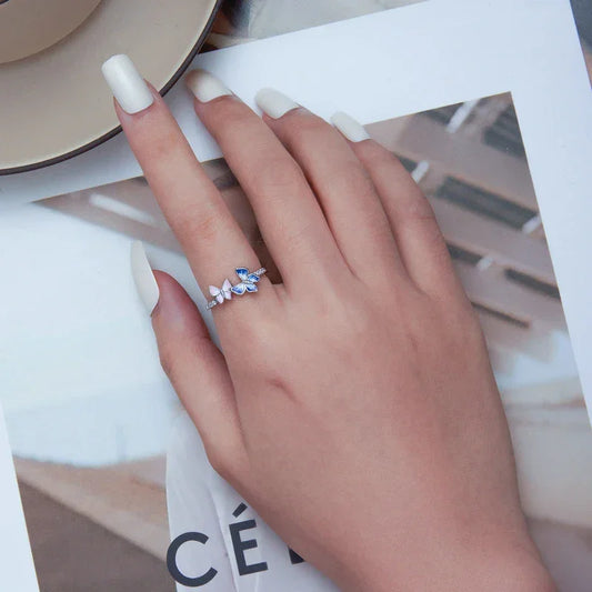 925 Sterling Silver Enamel Butterfly CZ Band Ring