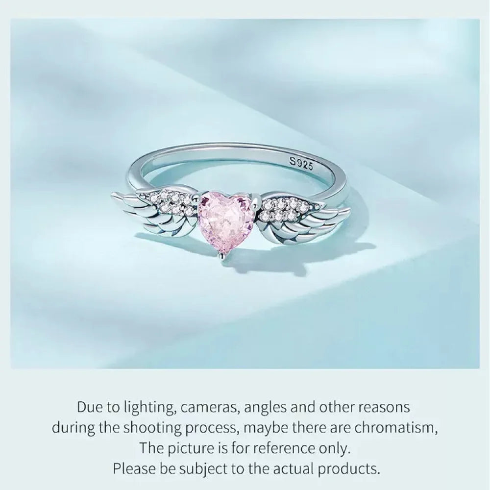 925 Sterling Silver Pink Heart Wing CZ Ring