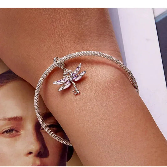 Sterling Silver Dragonfly Key Charm With Enamel - Colorful Pendant For Bracelets