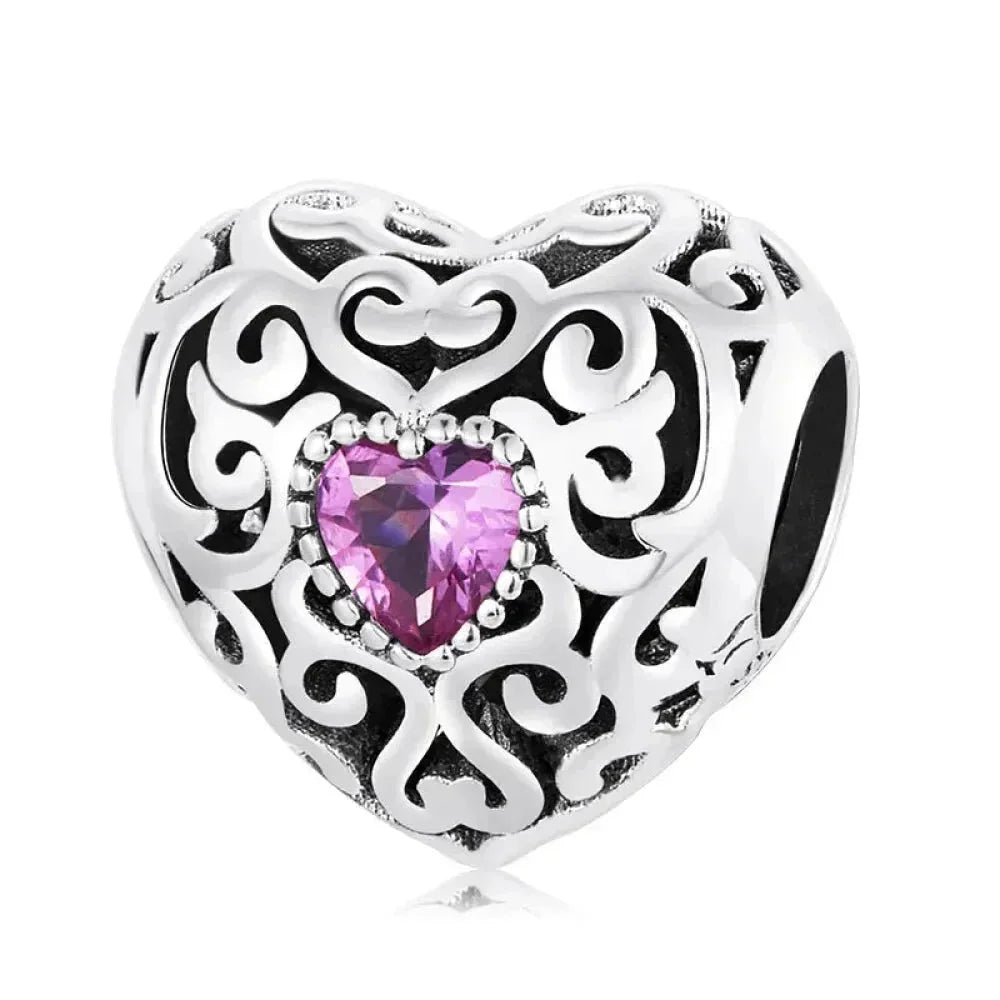 925 Sterling Silver Diy Heart Charm With Pink Zircon - Bsc777