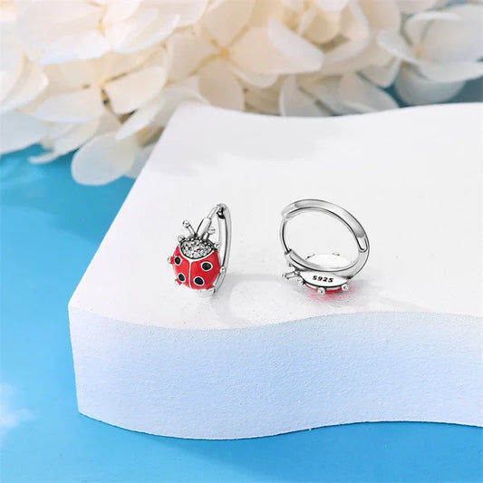 Ladybug Sterling Silver Hoop Earrings With Cubic Zirconia