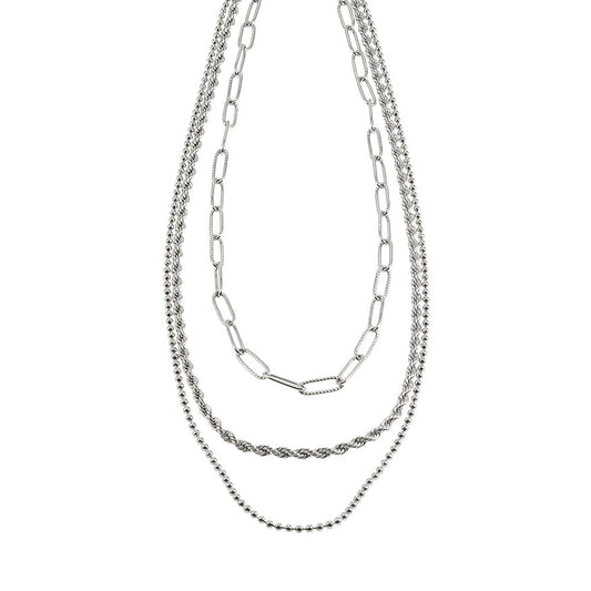SELENE: Triple Layer Mixed Chain Necklace in Silver Toned White Gold