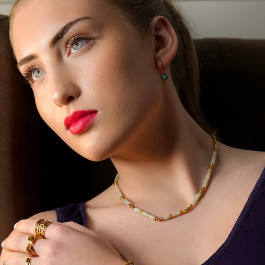 SHAZIA: Amazonite Stones and Gold Beaded Combo Chain Necklace