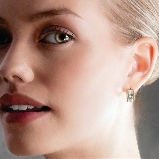 SHEERAN Gold: Quadruple-Row Pavé Zirconia (CZ) Hoop Stud Earrings with Ornate Border
